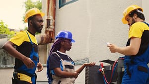 Three construction workers specializing in HVAC issues, wearing hard hats and safety vests, are engaging in a discussion with one holding a clipboard in Manatee County.