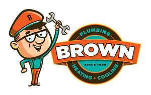 Logo of "brown plumbing heating & cooling" featuring a cartoon plumber with a wrench, since 1968.