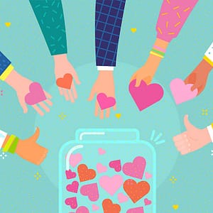 Hands putting hearts in a jar