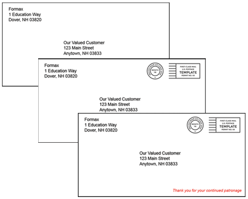 Single-pass printing of various configurations including address, indicia and custom tagline