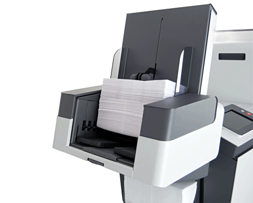 High-capacity vertical output stacker holds up to 500 filled envelopes