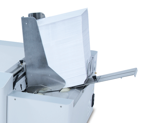 Integrated feeder holds up to 500 #10 envelopes at a time, and can handle materials up to 3/8" thick